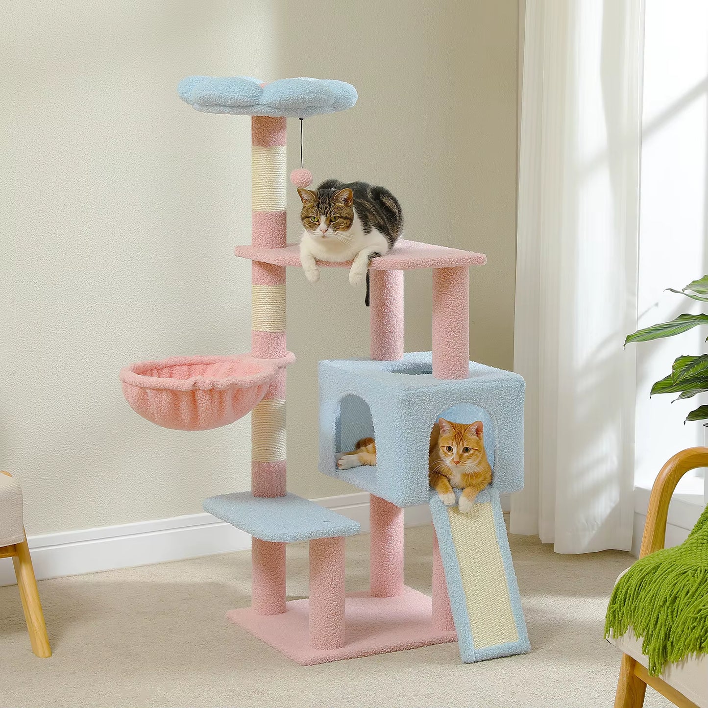 Multi-Level Cat Tree with Sisal Scratching Posts, Hammock, Ramp, Top Perch, and Condo for Indoor Use