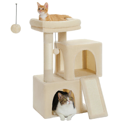 Compact Cat Tree with Dual Condos, Sisal Scratching Ramp, and Padded Perch - Indoor Plush Cat House and Toy Tower