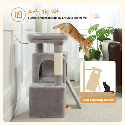 Compact Cat Tree with Dual Condos, Sisal Scratching Ramp, and Padded Perch - Indoor Plush Cat House and Toy Tower
