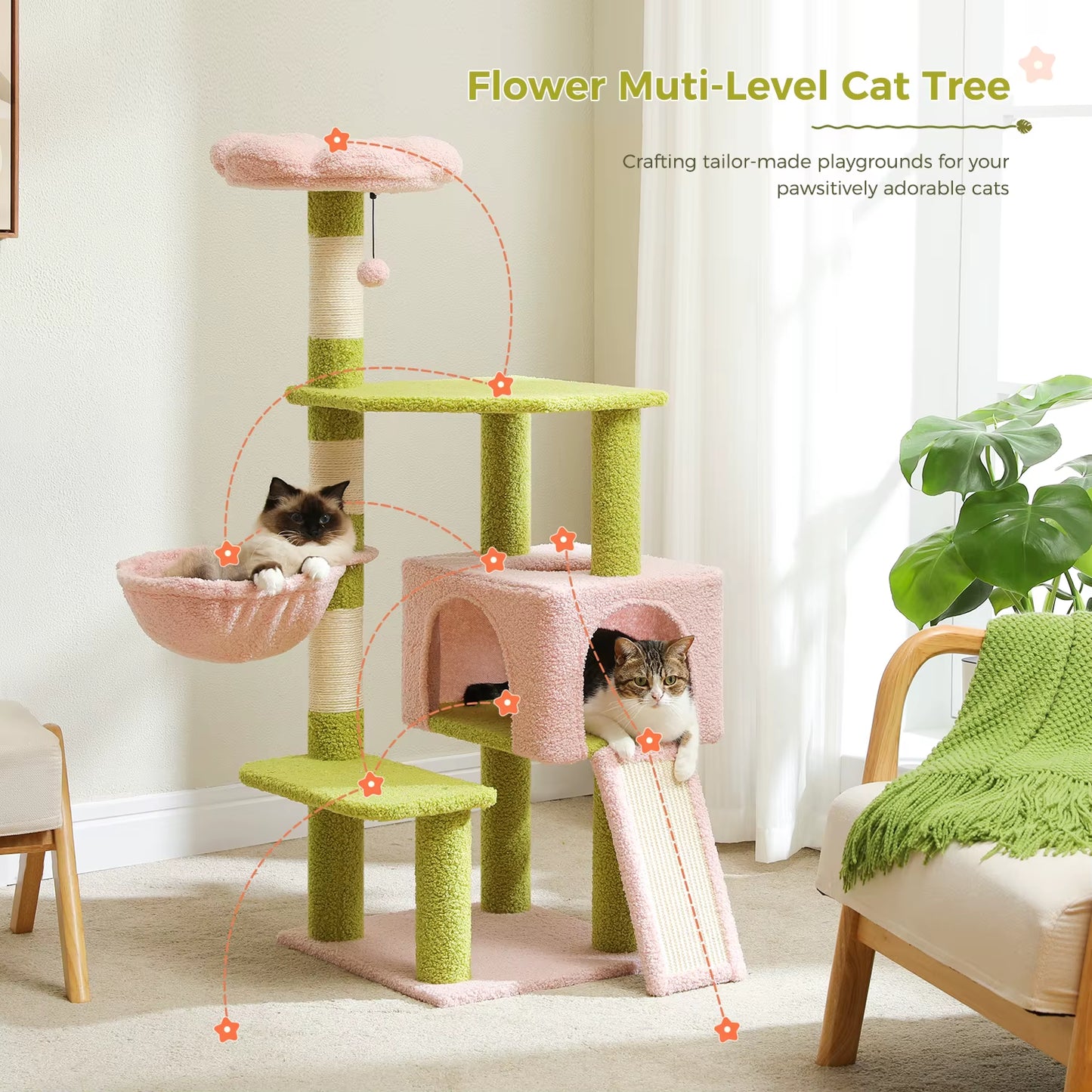 Multi-Level Cat Tree with Sisal Scratching Posts, Hammock, Ramp, Top Perch, and Condo for Indoor Use