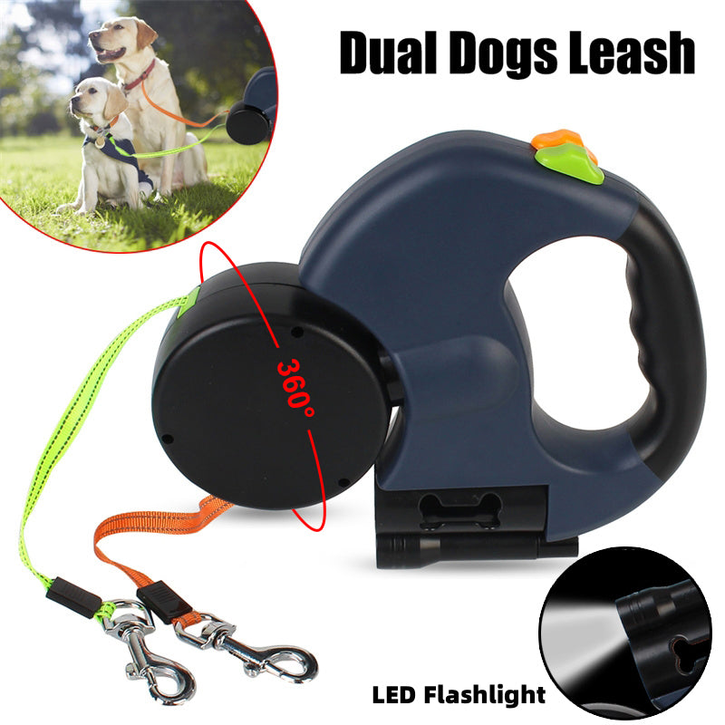 Dual Retractable Dog Leash – 360° Swivel with Light & Poop Bag Holder