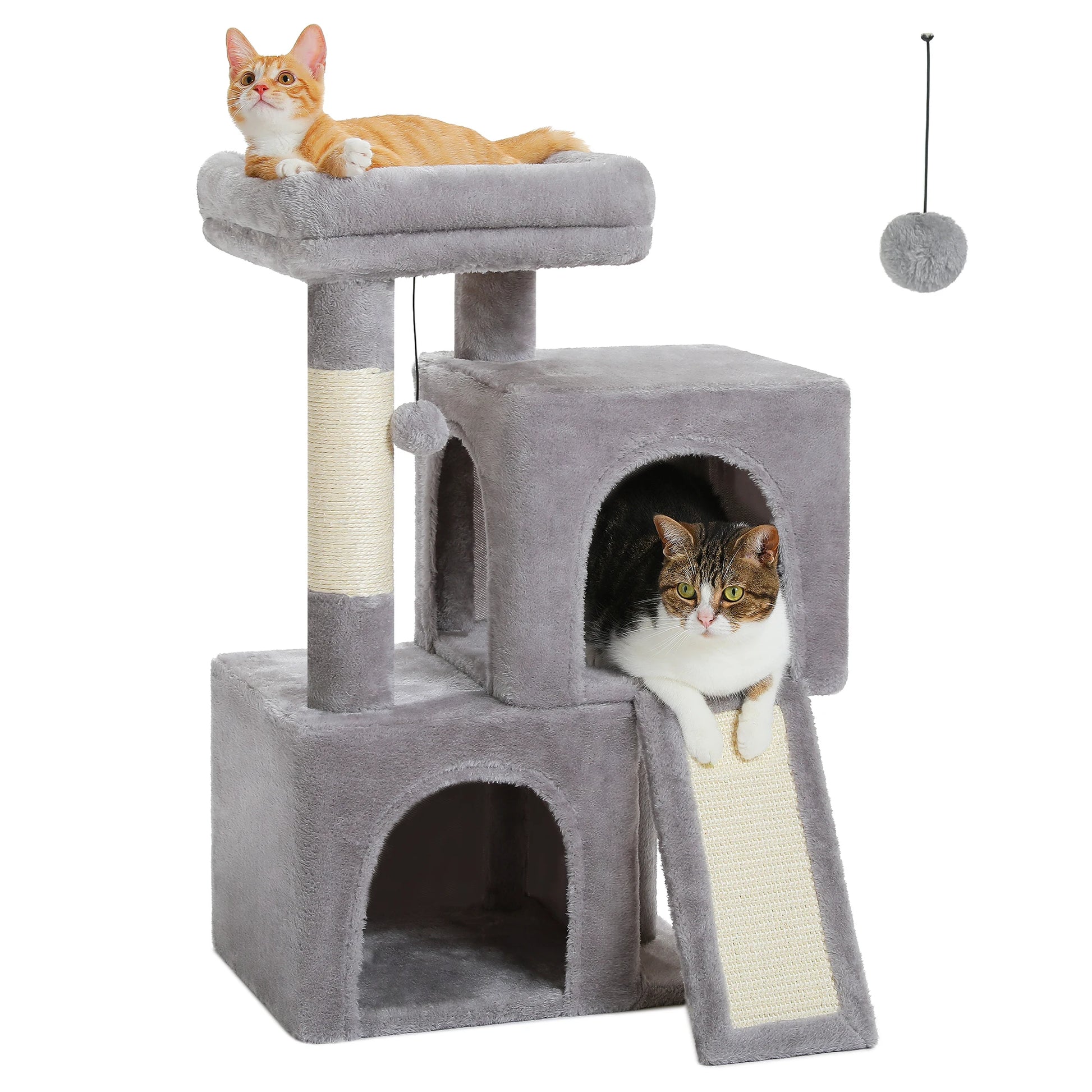 Compact Cat Tree with Dual Condos, Sisal Scratching Ramp, and Padded Perch - Indoor Plush Cat House and Toy Tower
