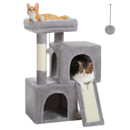 Compact Cat Tree with Dual Condos, Sisal Scratching Ramp, and Padded Perch - Indoor Plush Cat House and Toy Tower