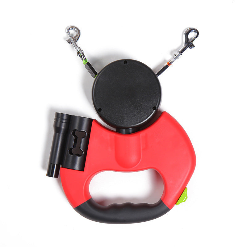 Dual Retractable Dog Leash – 360° Swivel with Light & Poop Bag Holder