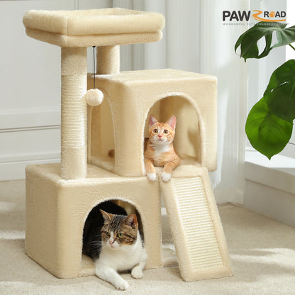 Compact Cat Tree with Dual Condos, Sisal Scratching Ramp, and Padded Perch - Indoor Plush Cat House and Toy Tower