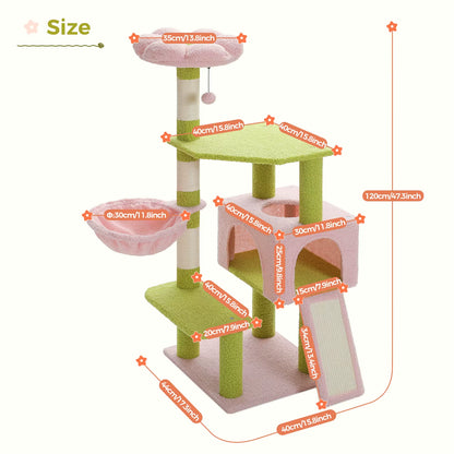 Multi-Level Cat Tree with Sisal Scratching Posts, Hammock, Ramp, Top Perch, and Condo for Indoor Use