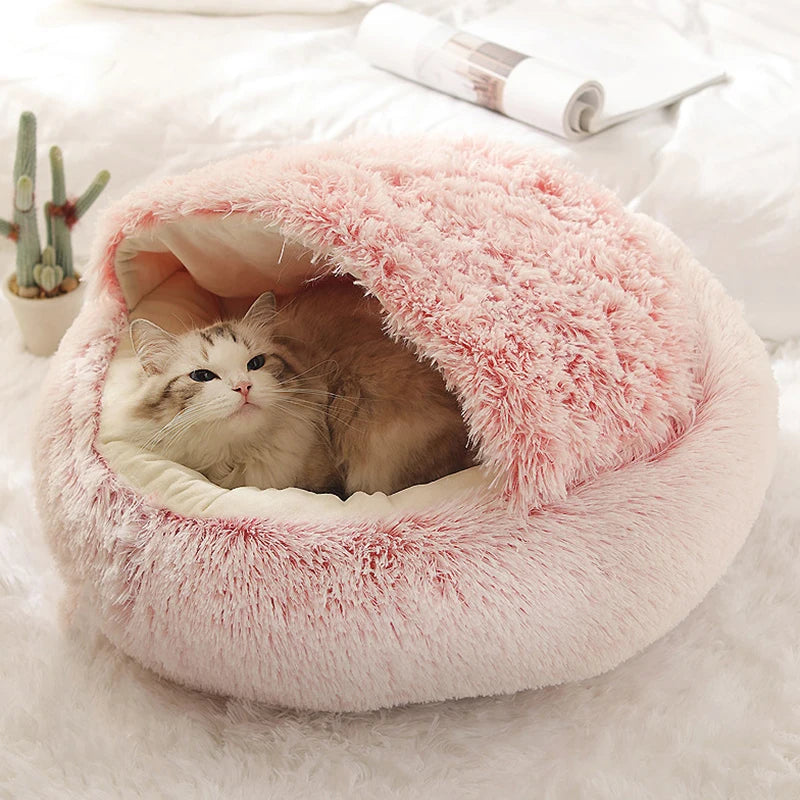 Premium Plush Round Cat and Dog Bed with Cover - Cozy Sleeping Nest for Small Pets