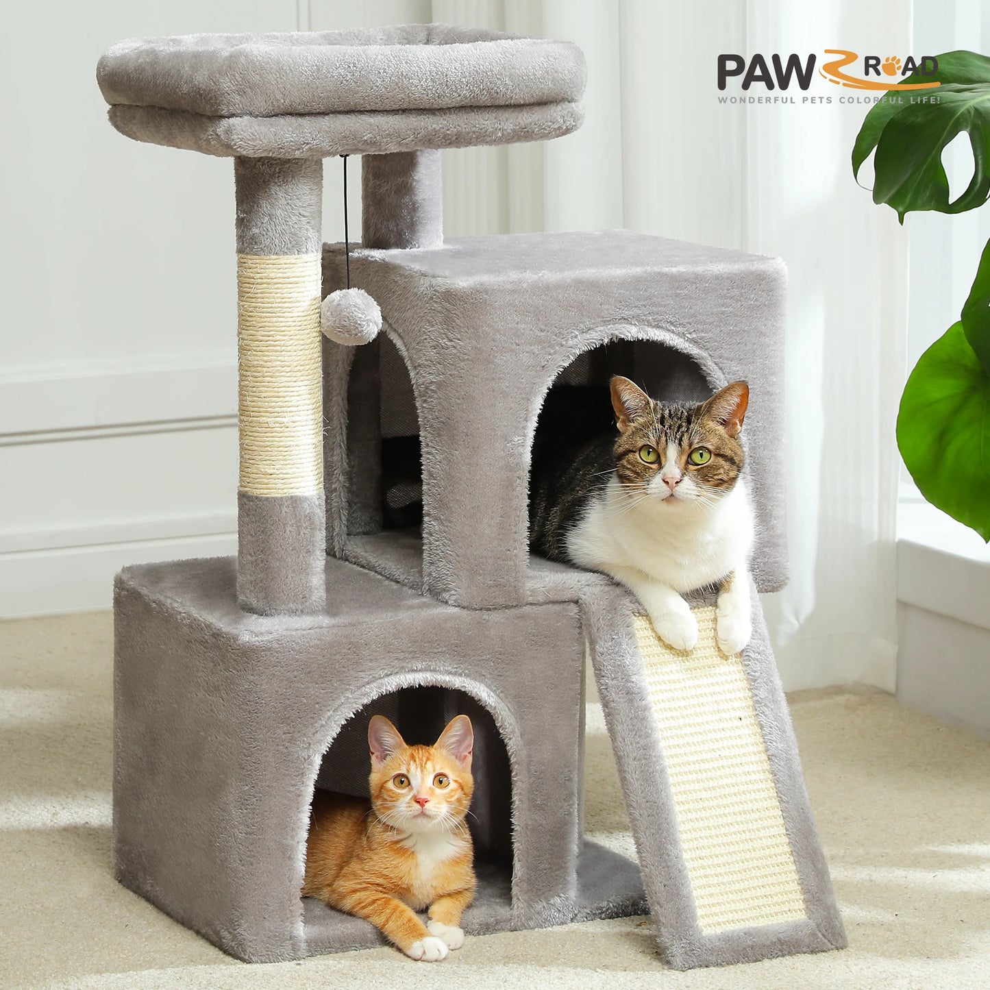 Compact Cat Tree with Dual Condos, Sisal Scratching Ramp, and Padded Perch - Indoor Plush Cat House and Toy Tower