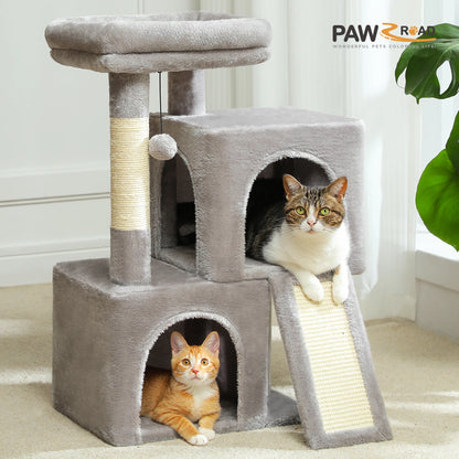 Compact Cat Tree with Dual Condos, Sisal Scratching Ramp, and Padded Perch - Indoor Plush Cat House and Toy Tower