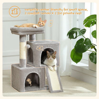 Compact Cat Tree with Dual Condos, Sisal Scratching Ramp, and Padded Perch - Indoor Plush Cat House and Toy Tower
