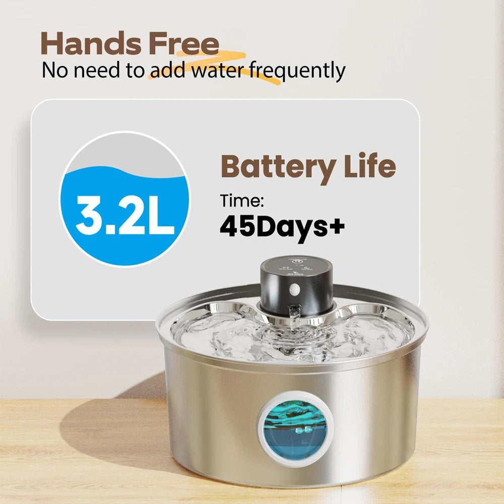 AquaPure 3.2L Smart Pet Fountain - USB Rechargeable & Stainless Steel