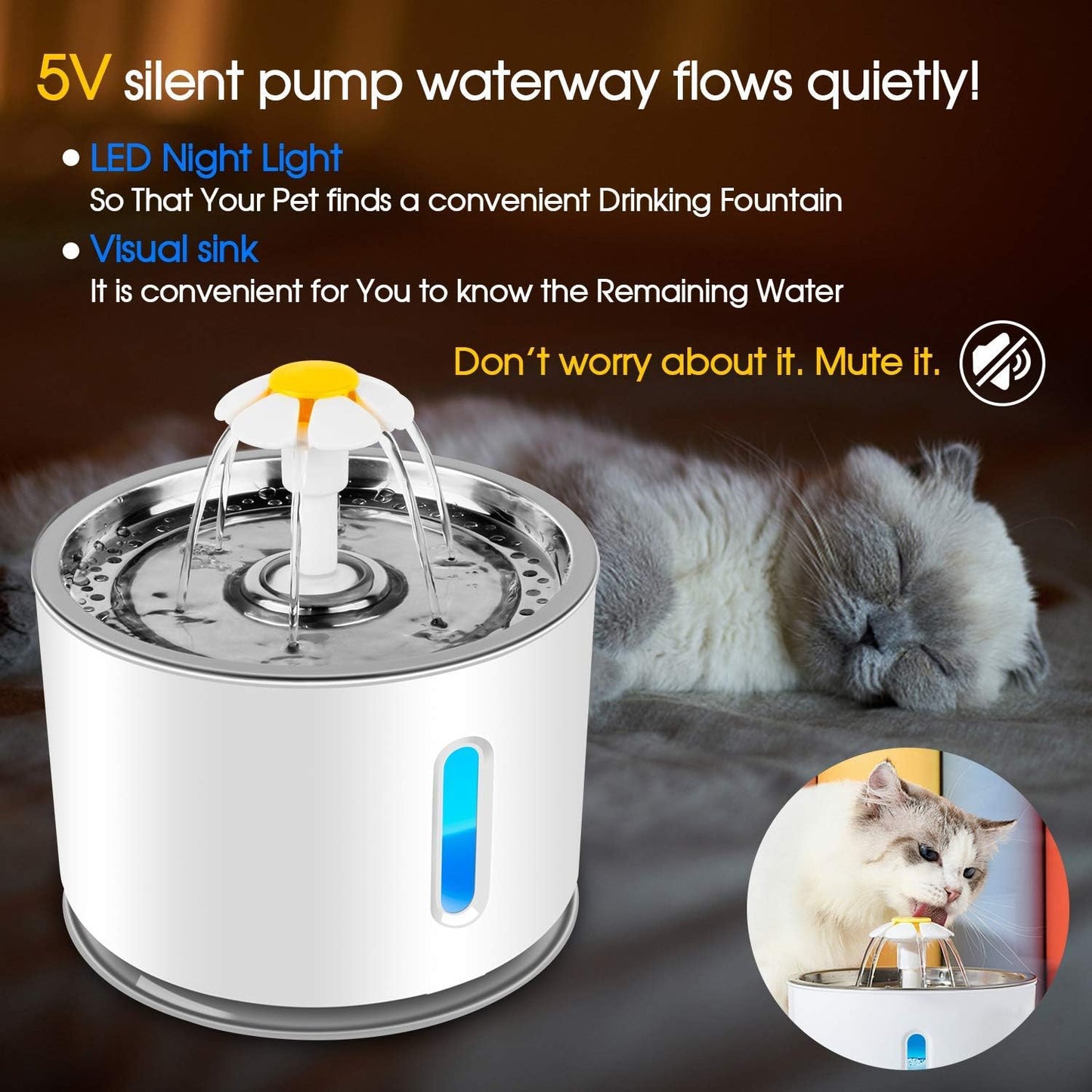 Automatic Pet Water Fountain for Cats & Dogs – 2.4L Filtered Dispenser with LED Light