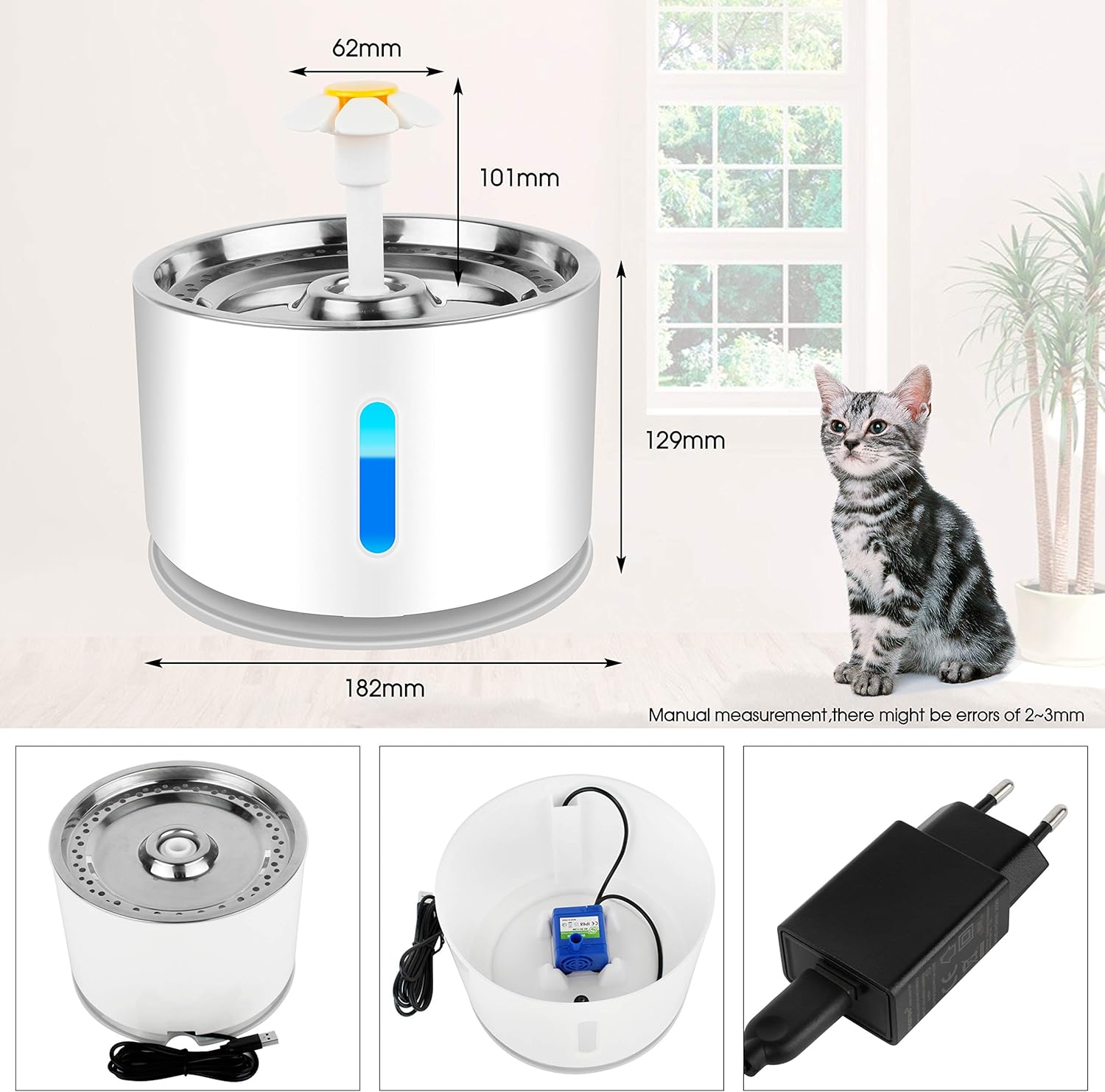 Automatic Pet Water Fountain for Cats & Dogs – 2.4L Filtered Dispenser with LED Light