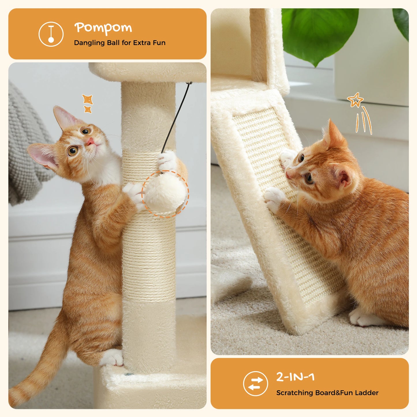 Compact Cat Tree with Dual Condos, Sisal Scratching Ramp, and Padded Perch - Indoor Plush Cat House and Toy Tower