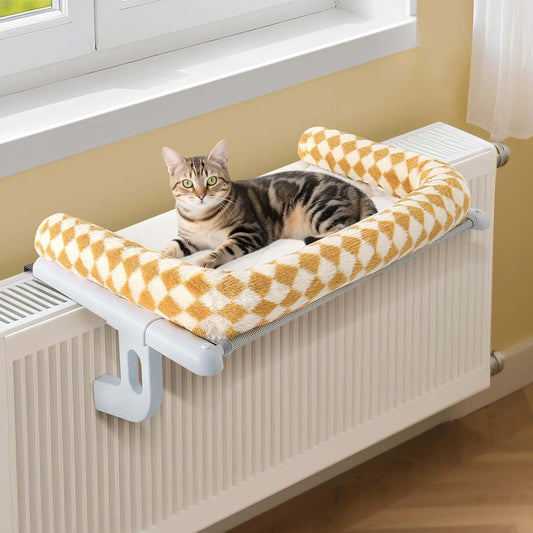 GUUSII HOME Heated Cat Hammock Lounger – Cozy Hanging Bed for Radiator, Balcony, or Bed Edge | Soft Plush Cat Lounger Holds up to 18 kg (Brown, Large)