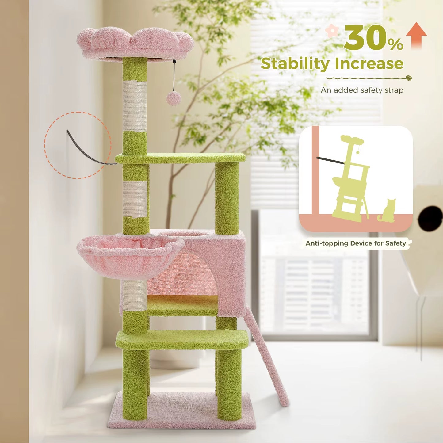 Multi-Level Cat Tree with Sisal Scratching Posts, Hammock, Ramp, Top Perch, and Condo for Indoor Use