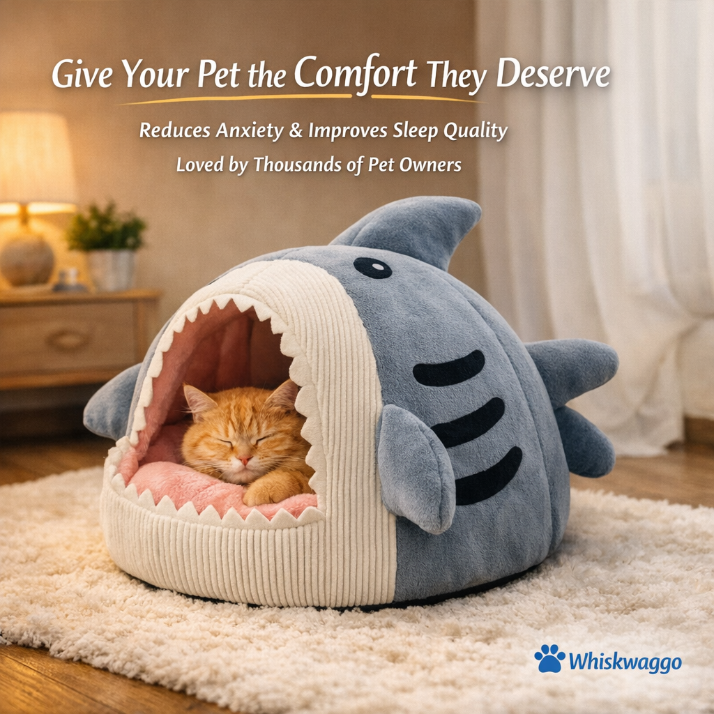 Shark Cove Pet Bed™ – Calming Plush Cave for Cats & Small Dogs
