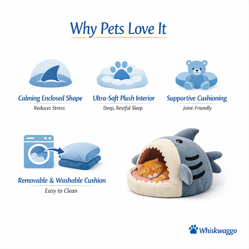Shark Cove Pet Bed™ – Calming Plush Cave for Cats & Small Dogs